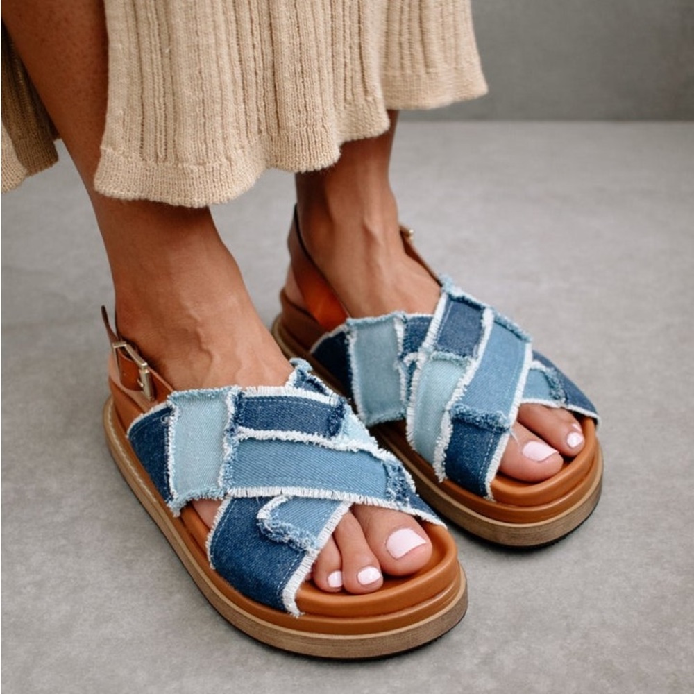 Nwot Alohas Marshmallow In Patchwork Denim Sandals - image 1